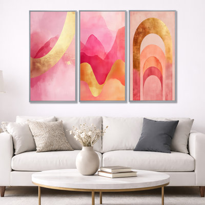 Contemporary Flow I - Pink & Gold Arcs - Art mural encadré abstrait 3 pièces