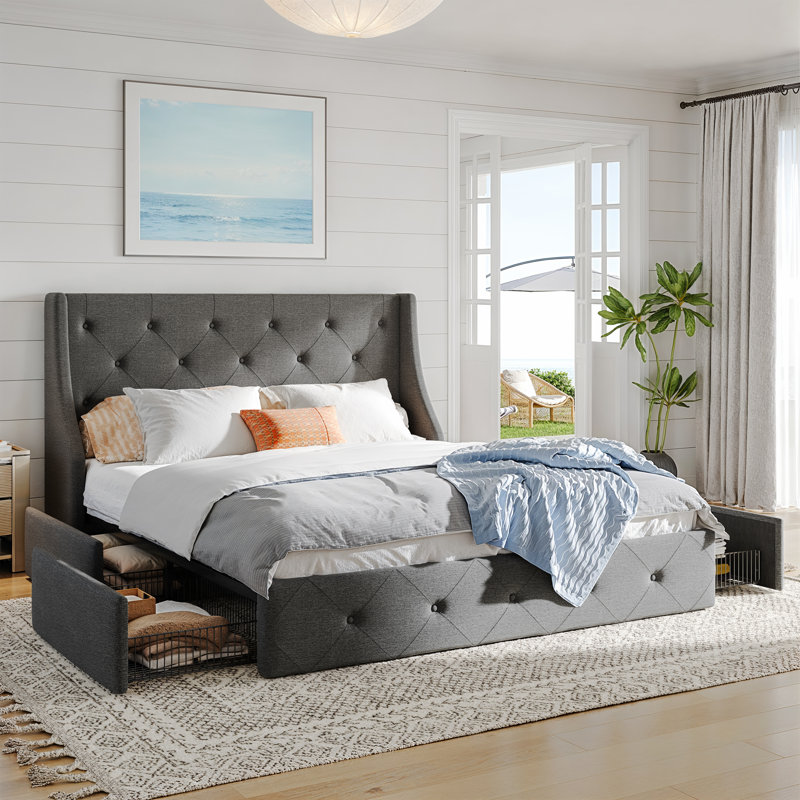 Brij Modern Upholstered Platform Bed， Linen Storage Bed Frame with Wingback Headboard, No Box Spring Needed，Full bed,Dark Gray