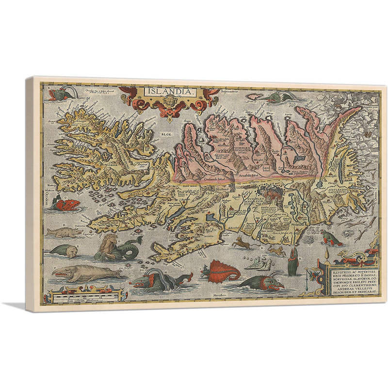 Carte de l'Islande avec des monstres de mer 1585 par Abraham Ortelius - impression sur toile tendue