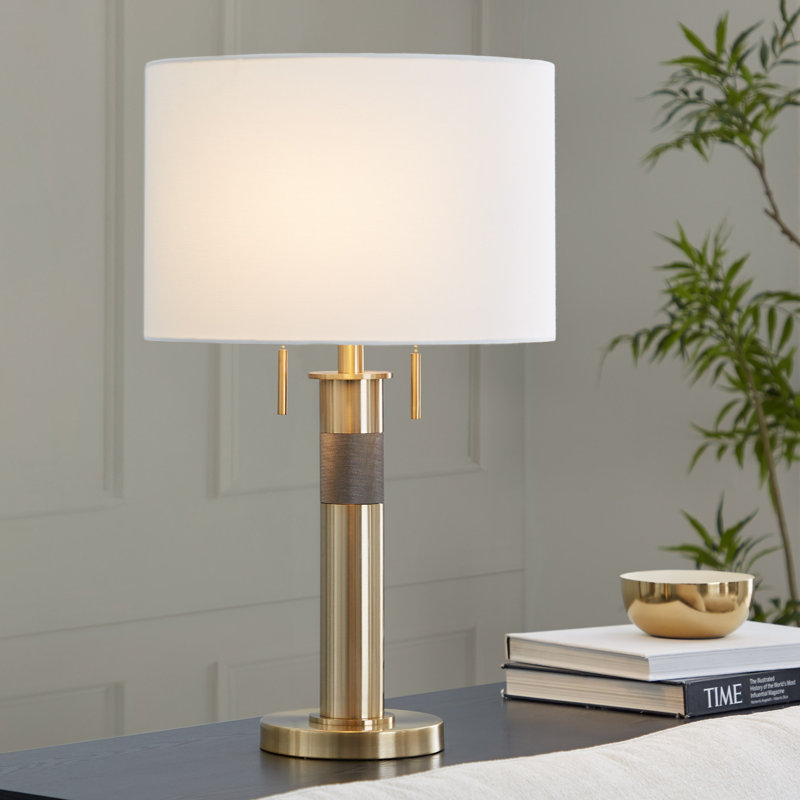 Trophy 27" Glam Table Lamp In Gold Metal And White Linen Shade By 