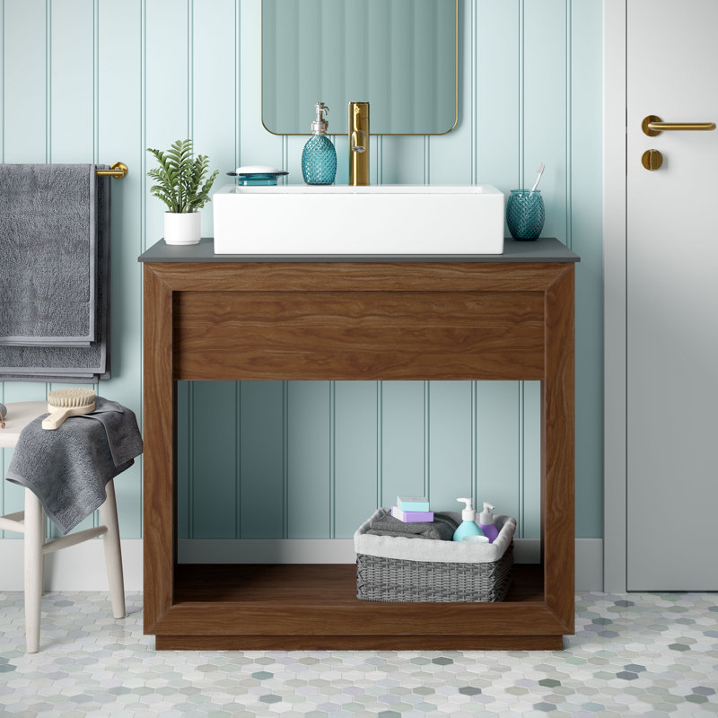 Meuble-lavabo en bois récupéré 24 po avec comptoir en ardoise et vasque à un trou Rennes, Noyer