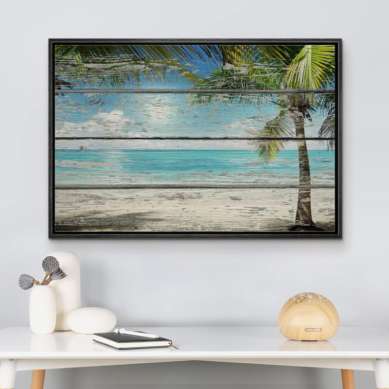 IDÉE 4 WALL - Reproduction d'art sur toile - Plage tropicale avec palmier sur fond en bois rétro - 12 po x 18 po