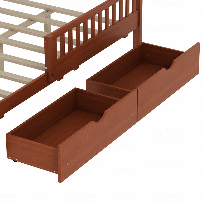 Lit plateforme double en bois avec garde-corps des deux côtés et deux tiroirs de rangement, Lit double