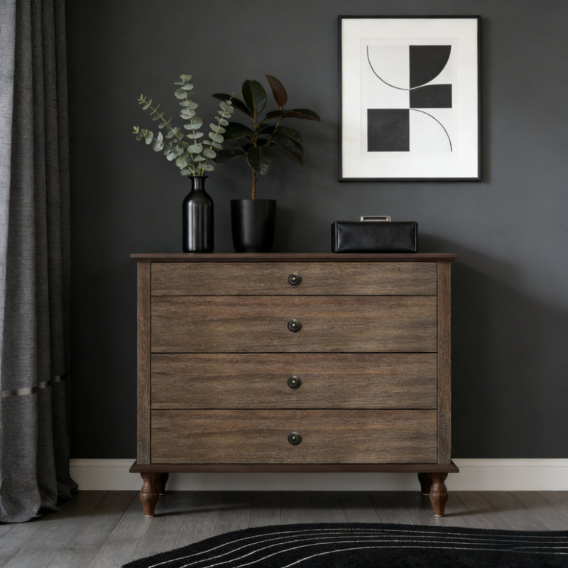 Grande commode à 4 tiroirs avec pied en bois massif, Brun rustique profond