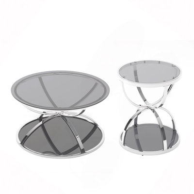 Ensemble de 2 tables basses rondes modernes en verre à 2 niveaux, structure annulaire, finition chromée et verre trempé gris, pour salon, chambre et bureau.