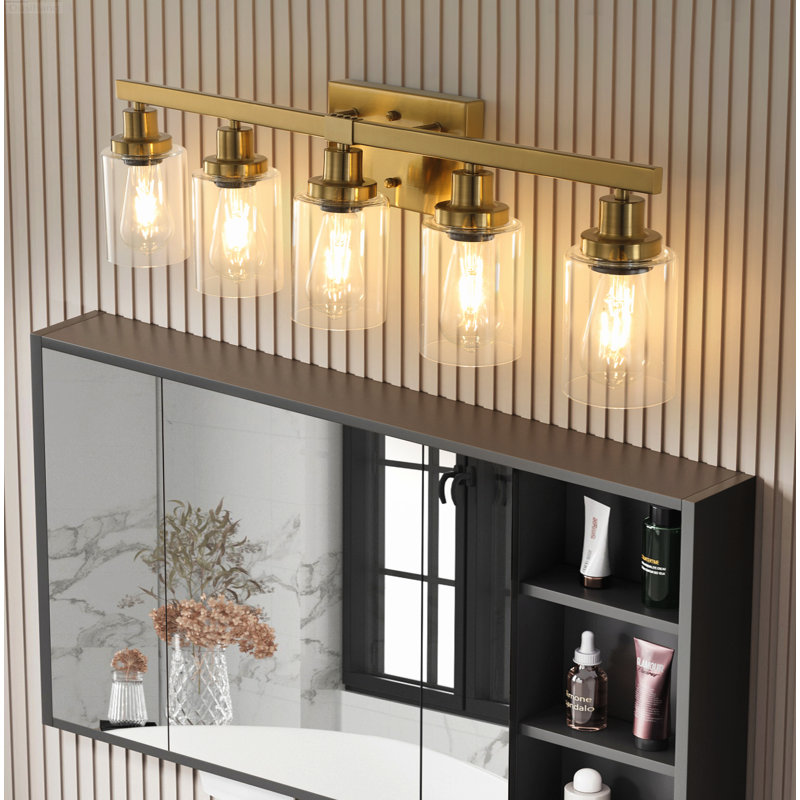 Luminaire de salle de bain classique 5 lumières avec abat-jour cylindrique en verre transparent et laiton réversible, Laiton