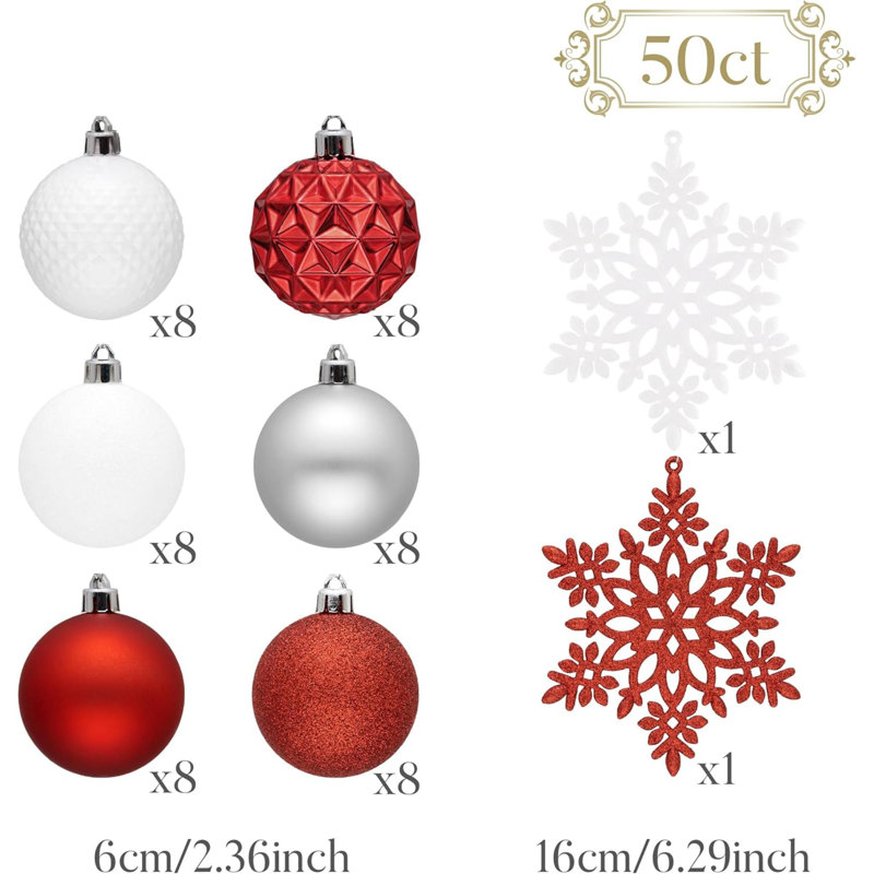 Ensemble d'ornement de décoration de sapin de Noël, 50 carats, 2,36 pouces, Rouge / blanc