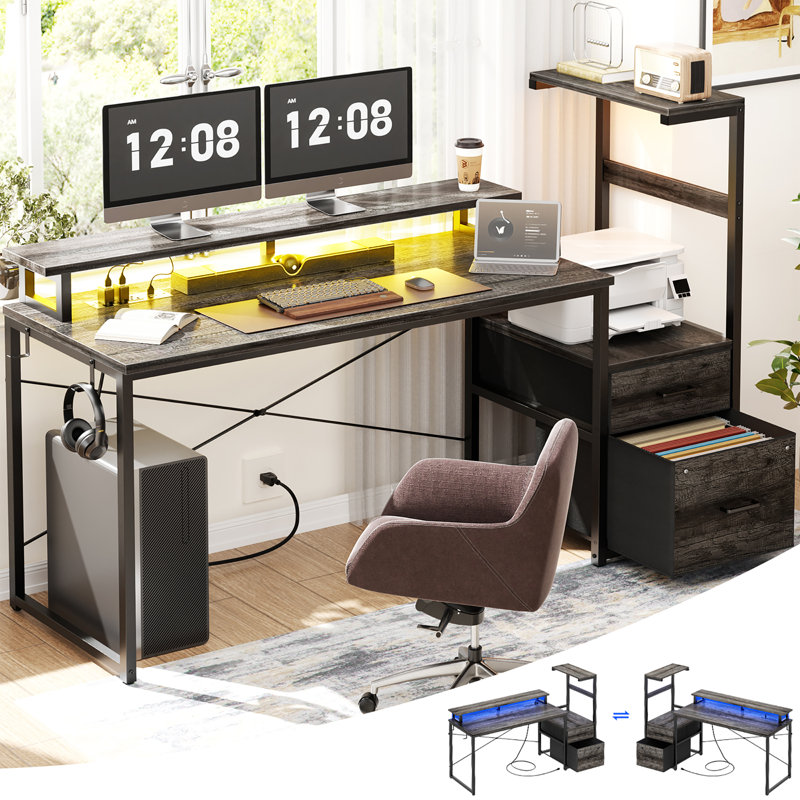 Bureau de jeu 60 po réversible avec support pour écran et tiroirs en tissu, Gris / Noir