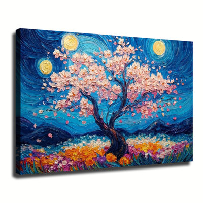 Cerisier en fleurs sous triple lune, nuit étoilée, peinture à l'huile de style Van Gogh, grande galerie tendue sur toile, salon, chambre à coucher