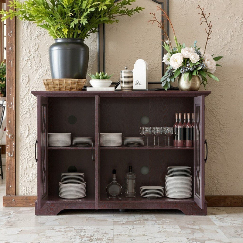 Buffet à 3 portes avec portes en verre trempé, tablettes réglables et dispositifs de sécurité, Rouge sang de bœuf