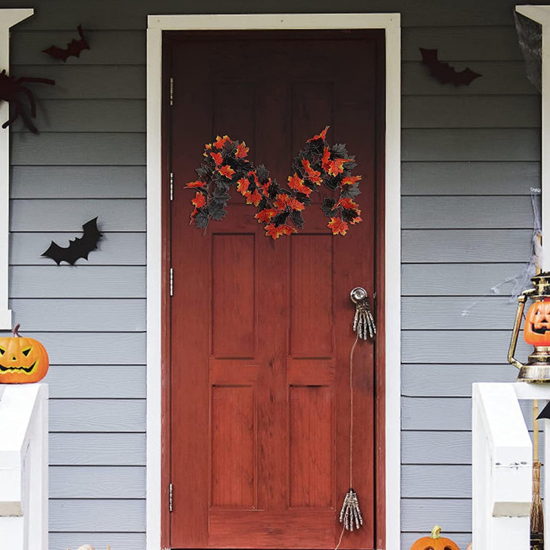 6Ft Halloween Artificial Fall Maple Leaves Garland Autumn Fake Leaf Vine Artificial Foliage Garland Indoor Outdoor Decor for Home Garden Wedding Party (Black)