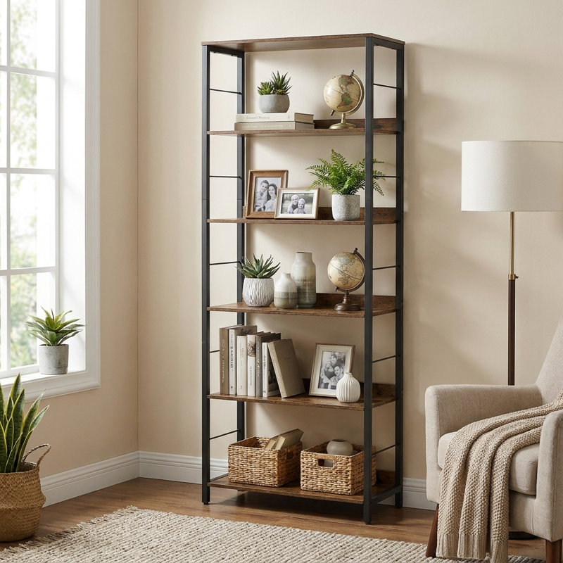 Freestanding 6-Tier Open Bookshelf with Back Panels & Side Bookends