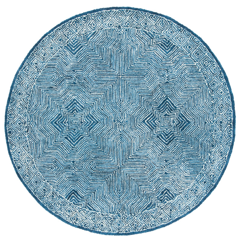 Kaysville Micro-Loop Hand Tufted Wool/Cotton Geometric Rug in Navy, Round 5'