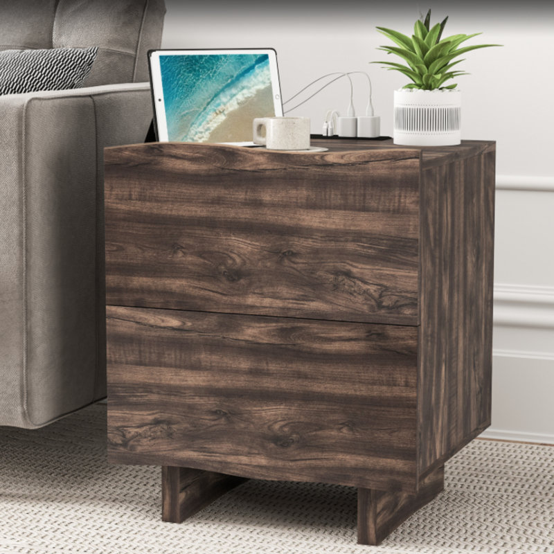 18.9" W Retro Wooden Nightstand With Built In Socket & Two Drawers