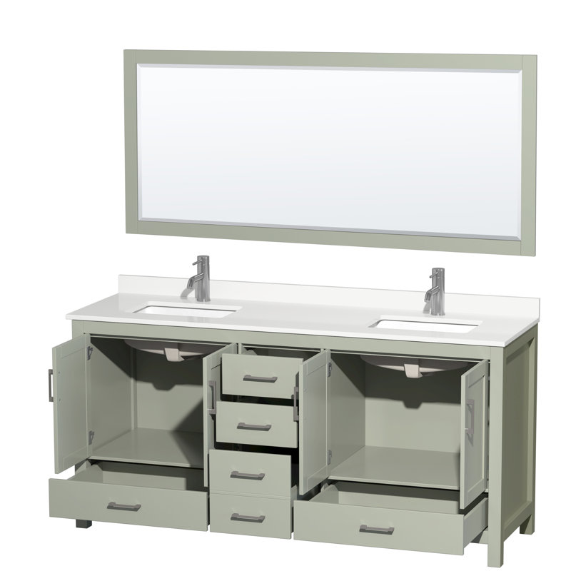 Sheffield 72" Freestanding Double Bathroom Vanity with Quartz Top with 70" Mirror, Green, Brushed Nickel, White Quartz