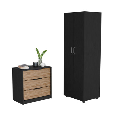 Ensemble de chambre à coucher 2 pièces, armoire avec commode 3 tiroirs, noir / pin