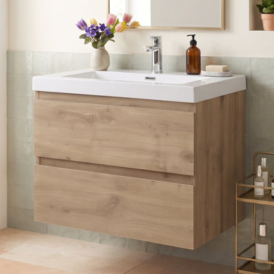 Meuble-lavabo suspendu flottant en mélamine de 24 po avec lavabo intégré en résine et carbonate de calcium, quincaillerie de qualité supérieure à fermeture en douceur, agencement de rangement intelligent et spacieux (entièrement assemblé)