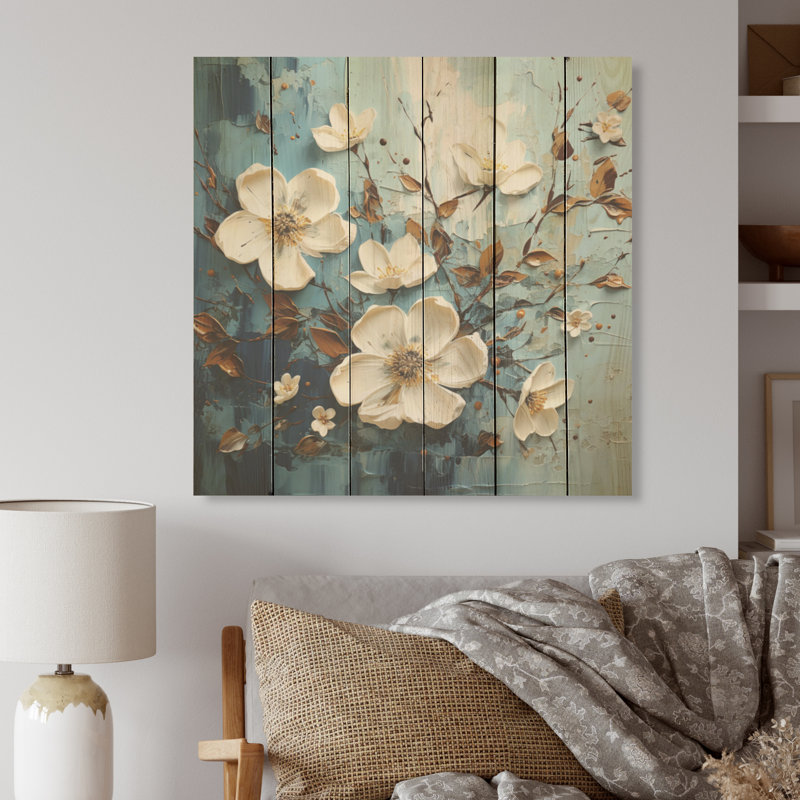 Dogwood Charm Beauty I - Art mural en bois de cornouiller sur bois de pin naturel, H 25 po x l 25 po