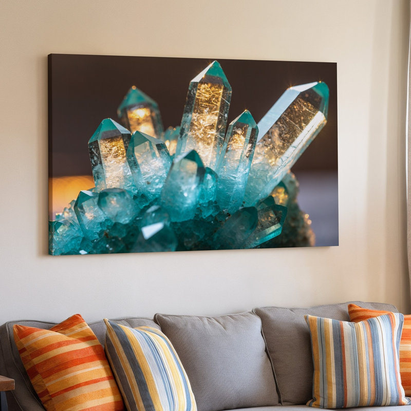 Toile, gros plan, grappe de cristaux muraux translucides chatoyants dans des tons de turquoise et de bleu avec art mural sur toile