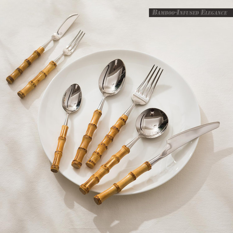Ensemble de couverts 6 pièces en bambou et en acier inoxydable - Couverts durables en acier inoxydable 304 avec poignées en bambou naturel pour la cuisine, la maison, le mariage et les repas en plein air