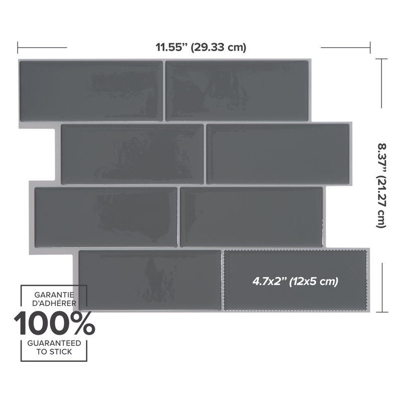 Carreau de dosseret en gel adhésif style métro 12 po x 8 po, Gris foncé