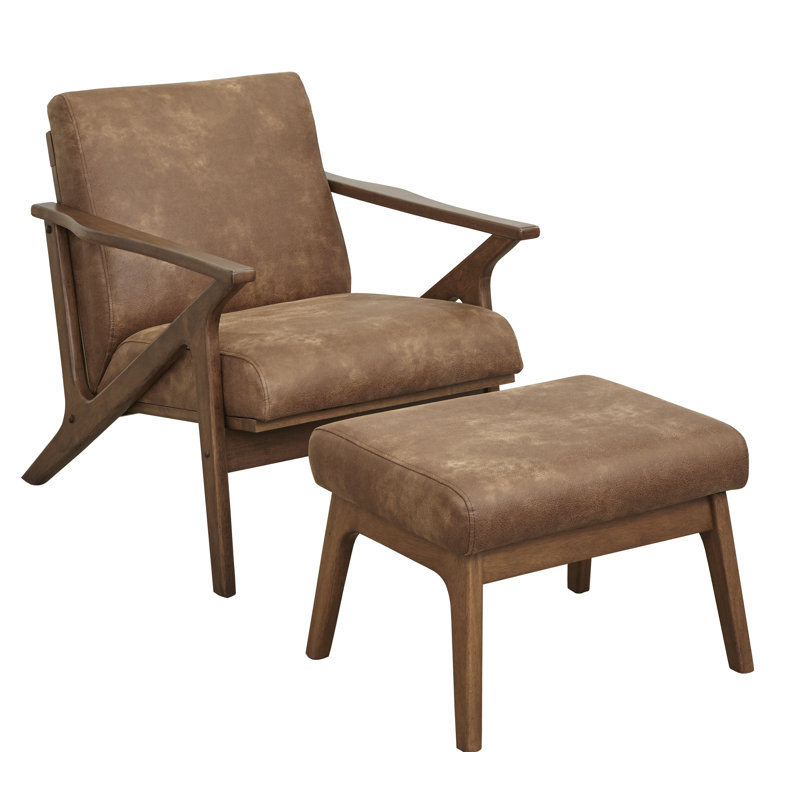 Choudhury Vegan Leather Armchair with Ottoman, Camel Brown Faux Leather