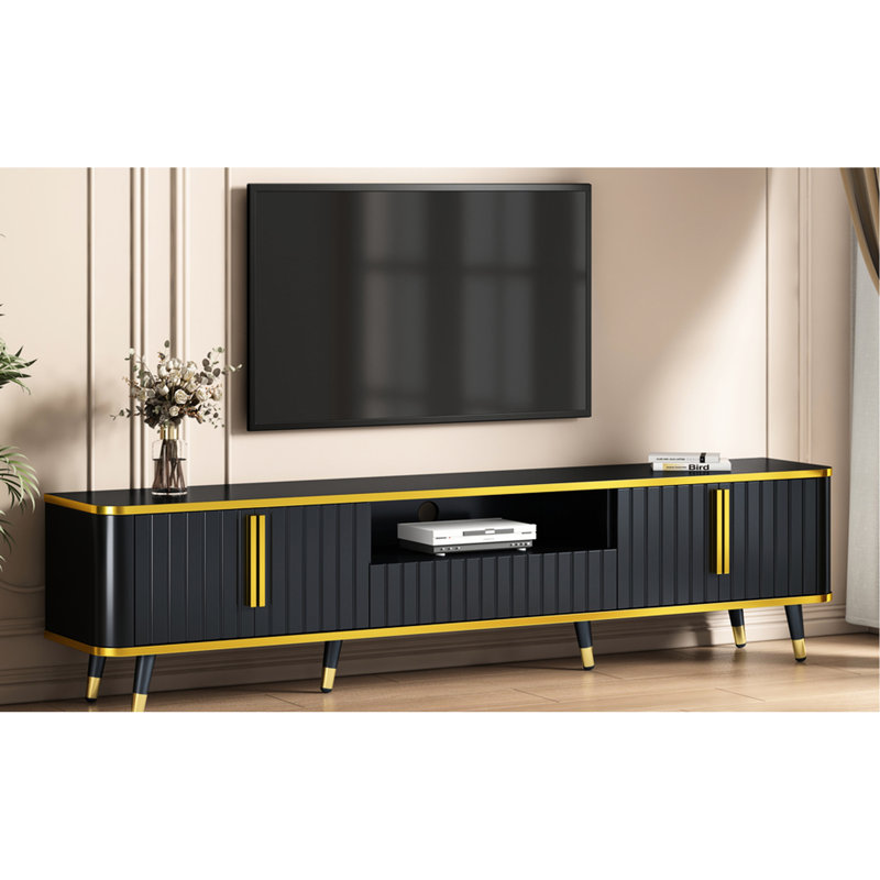 Meuble télé minimaliste pour téléviseurs de 85 po, construction, accents noirs et or, avec tablette de rangement élégante et élégante, garniture dorée, construction