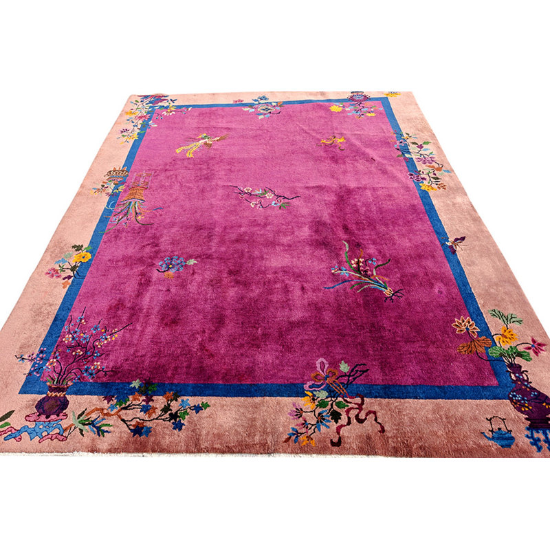 Hand Knotted Pile Fuchsia / Pink 1920s Rectangle Wool Antique Rug