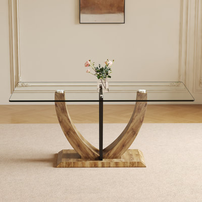 71'' Glass Dining Table,With U-Shaped Wood Base & Metal Frame,Seats 6-8 Comfortably
