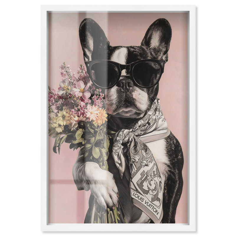 Art mural glamour «Frenchie with Bouquet Shadowbox» par Art Remedy, cadre blanc, 25 x 37, H 37 po x l 25 po, Cadre blanc