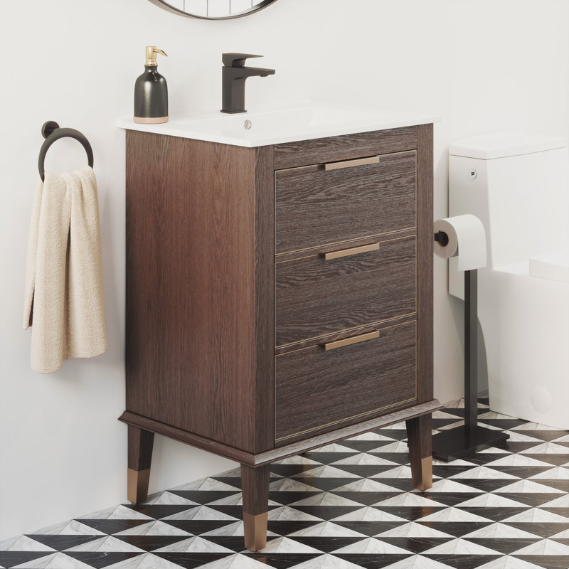 Meuble-lavabo 24 po Hugo en noyer, Trou unique, Blanc lustré