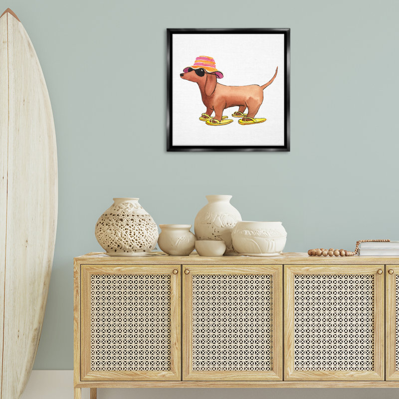 «Beach Dog Flip Flops», art mural encadré par Geoff Allen, H 18 po x l 18 po, Cadre flottant noir de jais