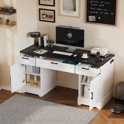 Bureau double caisson avec station de charge 3 en 1 et armoire de rangement réglable