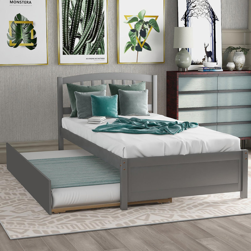Base de lit simple avec lit gigogne en bois, gris