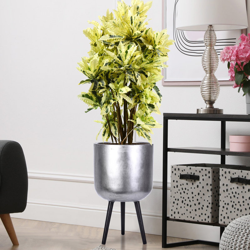 Metallic Concrete Effect Cylinder Round Planter on Hardwood Legs, Round Indoor Plant Pot Stand for Indoor Plants, Indoor Flower Pot