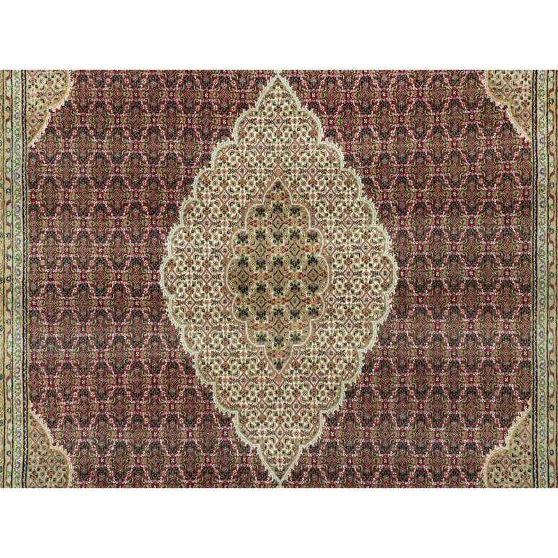 10'x14'3" Crabby Apple Red Shiny Wool Tabriz with Hand Knotted All Over Mahi Design Rug