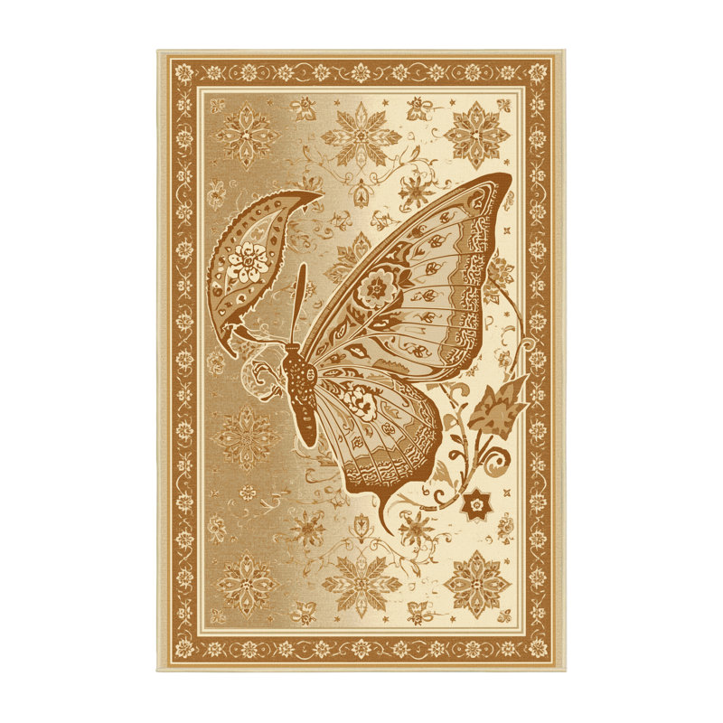 Machine Washable Osckar Butterfly Classic Oriental Rug in Beige – Binding, 7x10