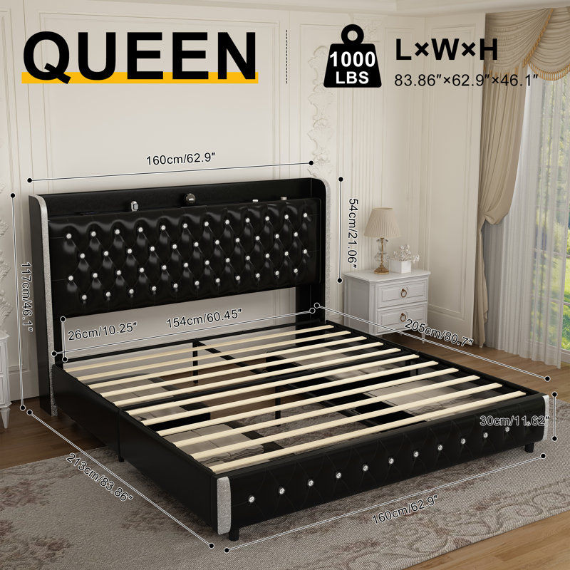 Modern Upholstered Platform Bed Frame with Crystal Button Wingback Headboard, Galaxy LED Light and 4 Storage Drawers, Queen
