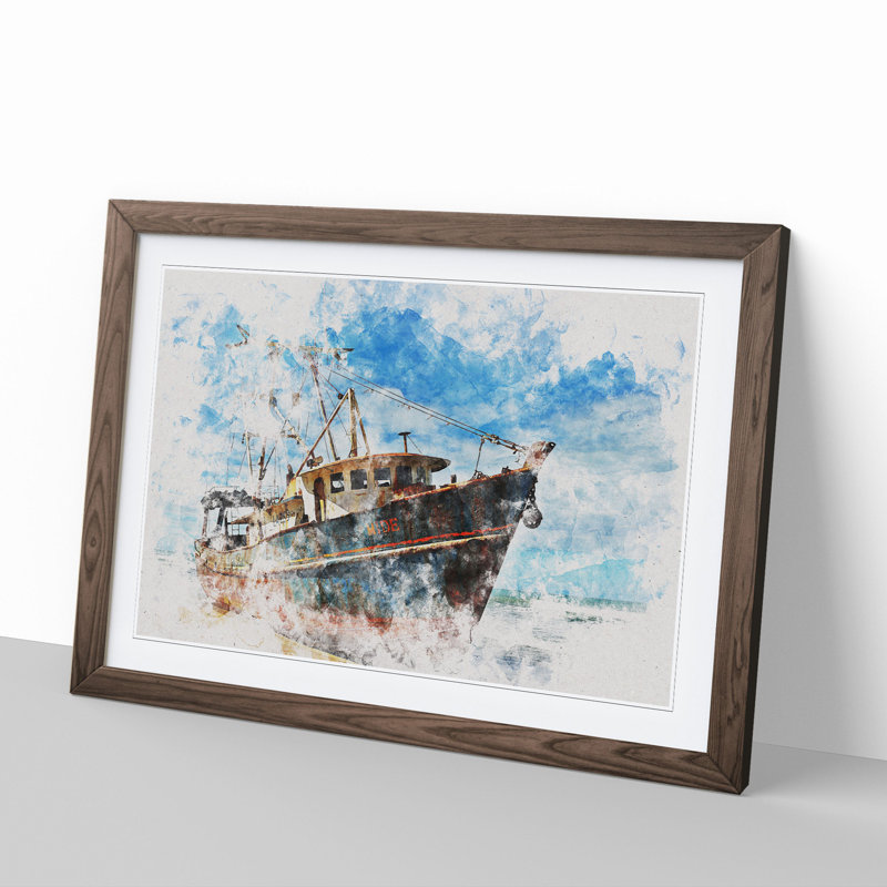 Boat Wreck on the Beach Watercolour - Picture Frame Graphic Art, Walnut, 36cm H x 48cm W x 2cm D