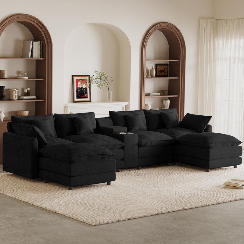 145"W U-Shape Sectional With Console & Cup Holders And USB Ports,  Black Gray