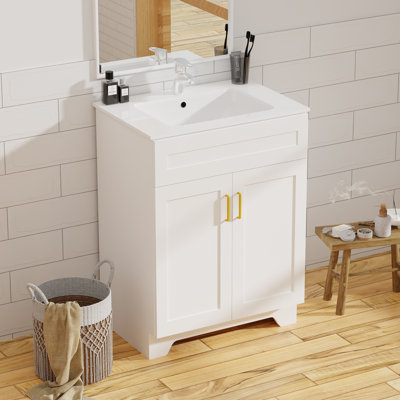 24" Bathroom Vanity with Sink Wooden Double Door Bathroom Storage Cabinet,Freestanding Cabinet Vanity with Ceramic Sink,White