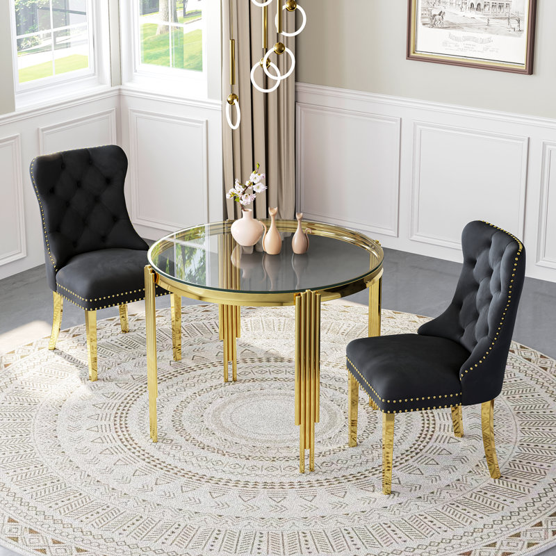 37"Modern Glass Dining Table Set, Irregular Stainless Steel Table Legs And Velvet Tufted Backrest Chairs, Black/Gold