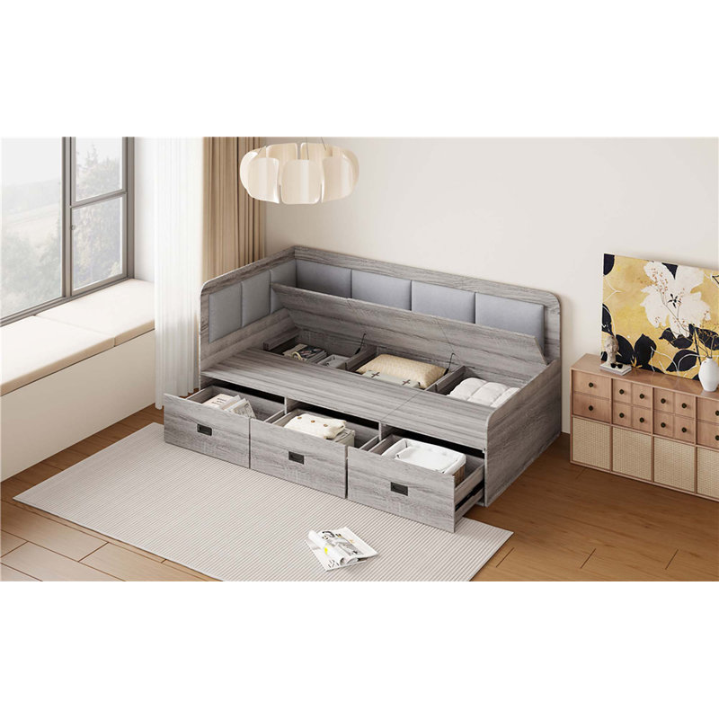 Lit de jour avec trois tiroirs et trois compartiments de rangement, Gris, Lit simple