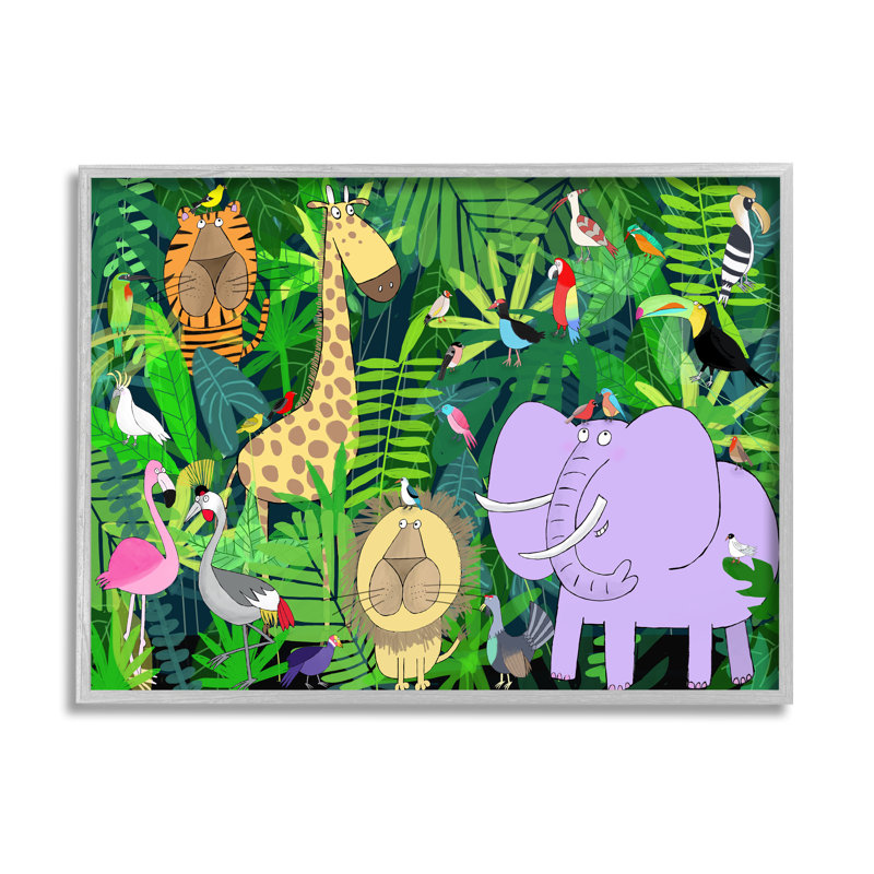 Illustration safari ludique d'animaux dans la jungle verte, H 16 po x l 20 po, Estampe numérique Farmhouse