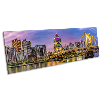 Pittsburgh City Skyline Sunset 1 Piece Wrapped Canvas Panoramic Wall Art
