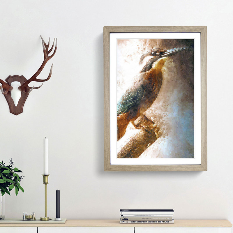Beautiful Kingfisher Bird in Abstract - Picture Frame Graphic Art Print, 65cm H x 48cm W x 2cm D, Oak Framed