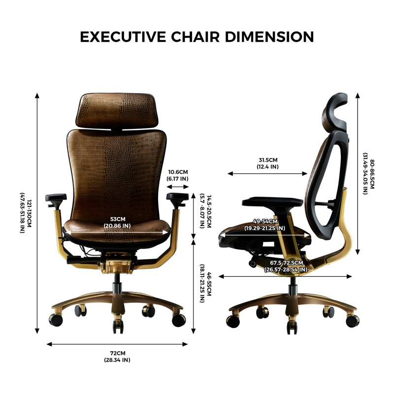Fauteuil de bureau en cuir véritable, cuir de vache, fauteuil de direction ergonomique pour chef, avec base dorée, accoudoir réglable, appui-tête, soutien lombaire et dossier inclinable - Luxe et commercial