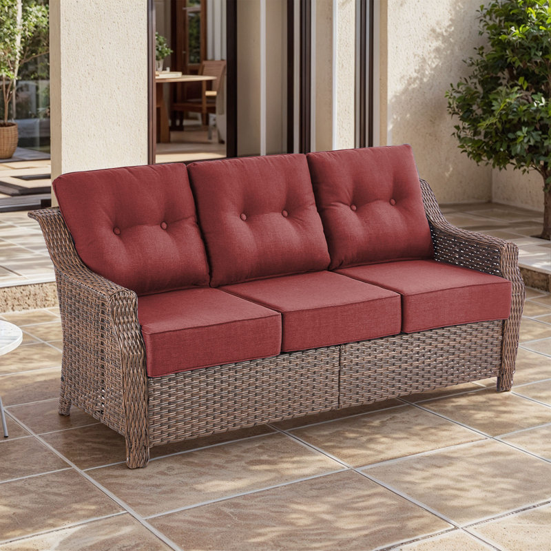 Sami 75'' 3-Seat Paito Wicker Sofa With 6-Inch Ultra-Plush Cushions & Water-Resistant Olefin Fabric, Red