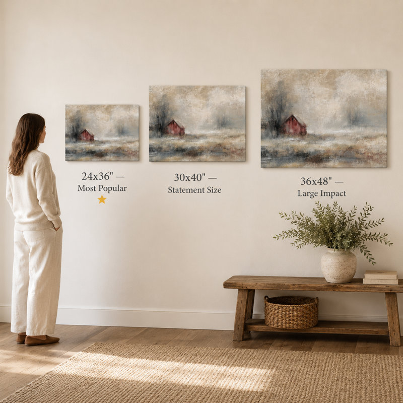 Winter Stillness - Paysage de campagne enneigée, art mural sur toile, 24"H x 36"W x 1.5"D