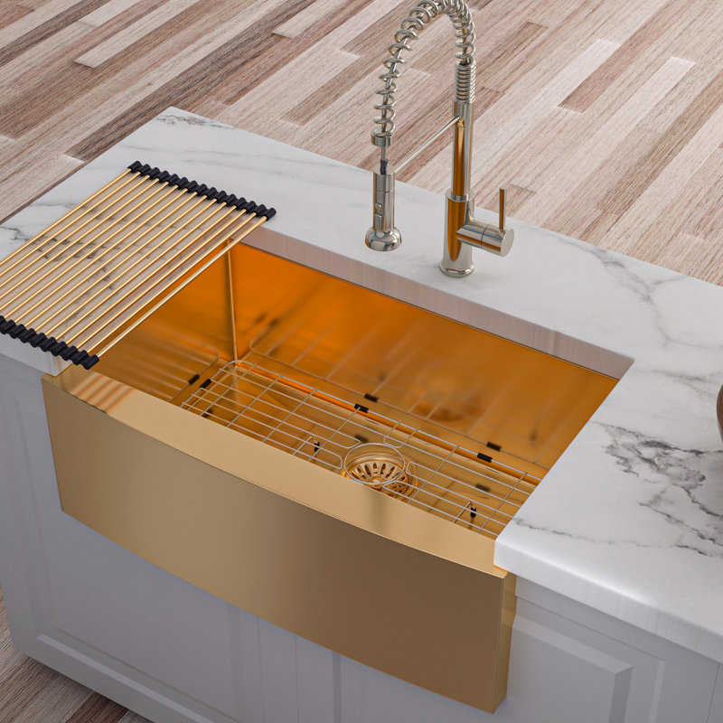 Farmhouse Apron Single Bowl Stainless Steel Kitchen Sink, Gold